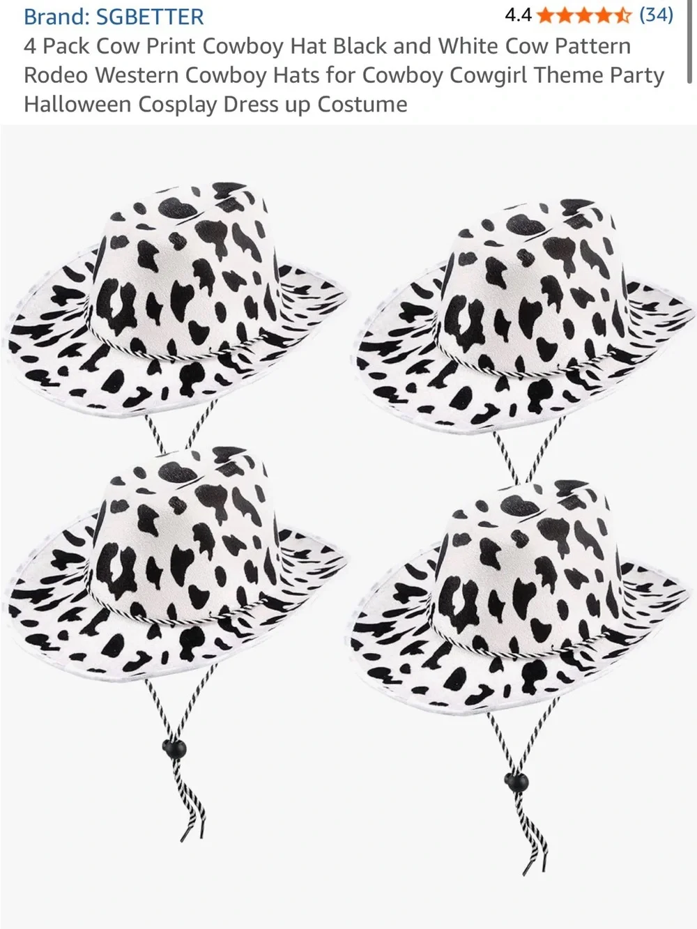 4-Pack Cow Print Cowboy Hats
